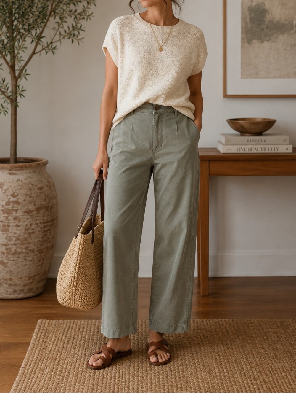 Eileen Fisher Organic Cotton Washed Olive Wide Leg Pants